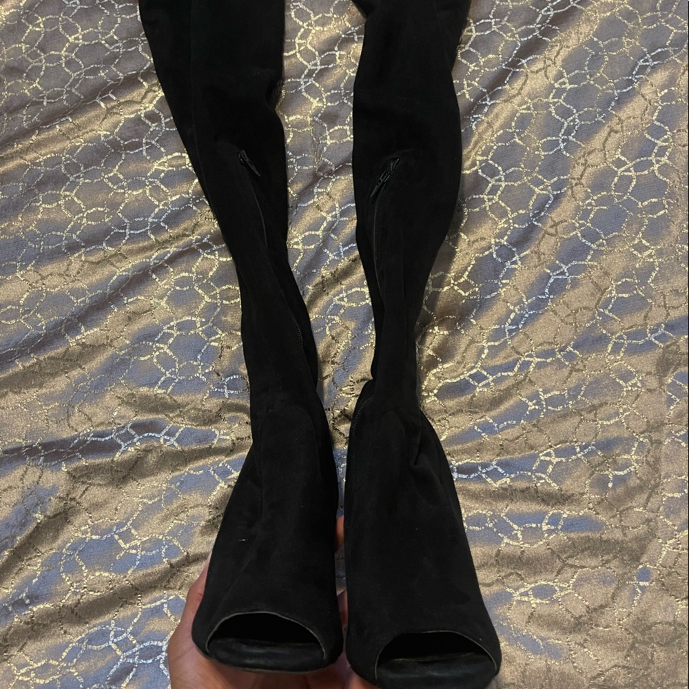 Thigh high open toe boots